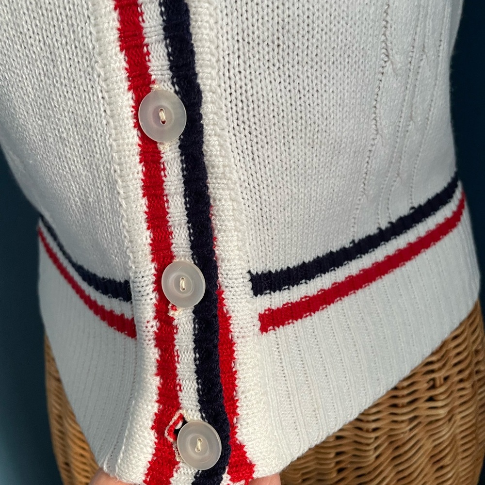 Cable Knit Preppy Vest Button Front Red White Blue B-Neck - Picture 2 of 8